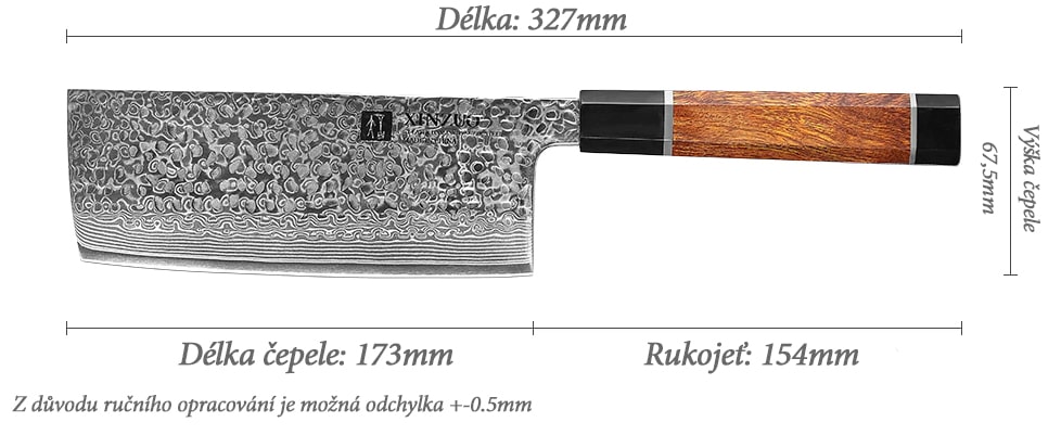 Rozměry nakiri nože XinZuo PM8 6.8"